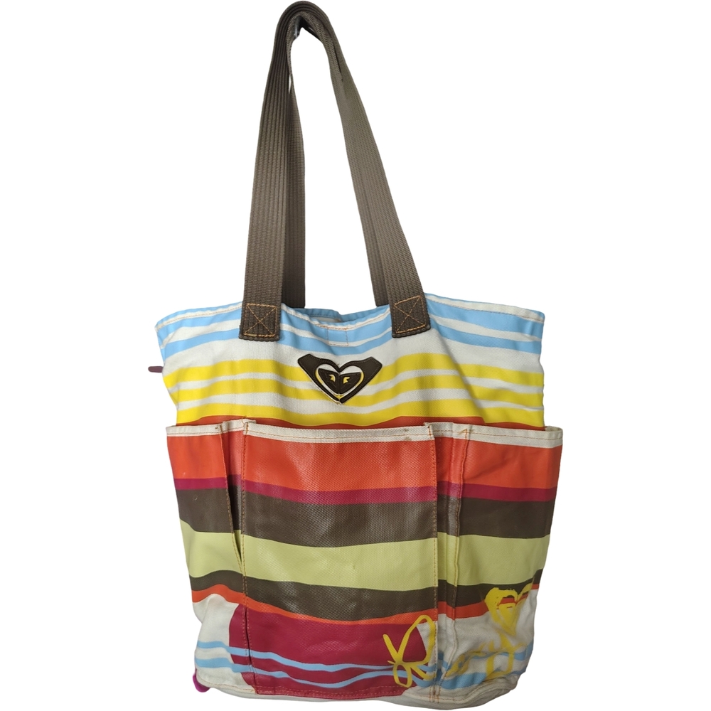 Roxy Vibrant Striped Tote with Brown Handles